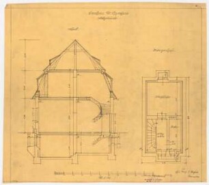Landhaus Dr. Franz Oppenheim, Berlin-Wannsee: Stall und Garage: Grundriss UG, Querschnitt, 1:50