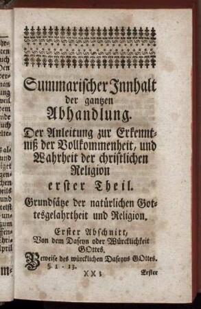 Summarischer Innhalt der ganzen Abhandlung. [...] erster Theil.