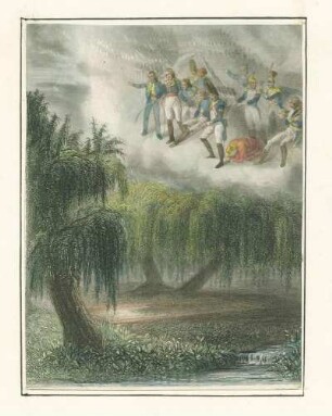 Grabmal Kaiser Napoleon I. auf Insel St. Helena: allegorische Erscheinung, eine Schar Truppen und Offiziere als Wolkendarstellung über der Grabplatte