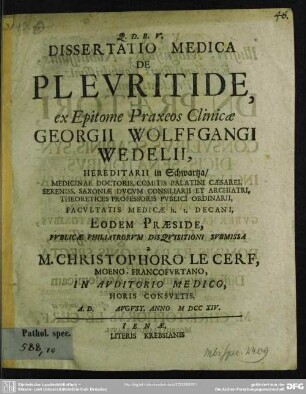 Dissertatio Medica De Pleuritide : ex Epitome Praxeos Clinicae