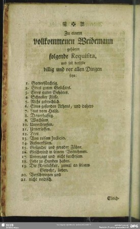 Zu einem vollkommenen Weidemann gehören folgende Requisita, ...