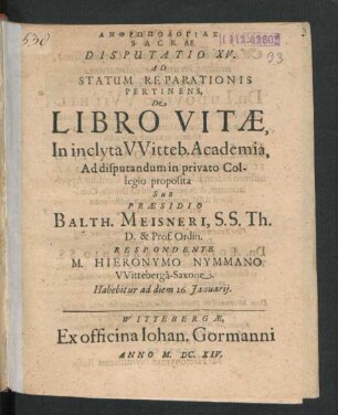 Anthr¯opologias Sacrae Disputatio XV. Ad Statum Reparationis Pertinens, De Libro Vitae