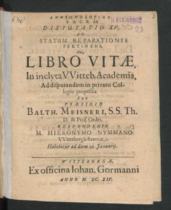 Anthr¯opologias Sacrae Disputatio XV. Ad Statum Reparationis Pertinens, De Libro Vitae