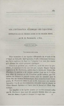 Sur i´intégration algébrique des équations.
