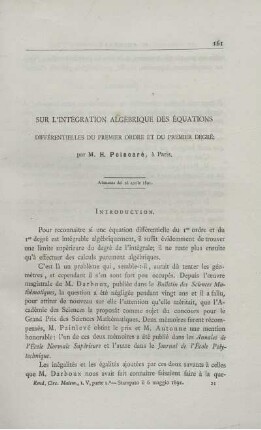 Sur i´intégration algébrique des équations.