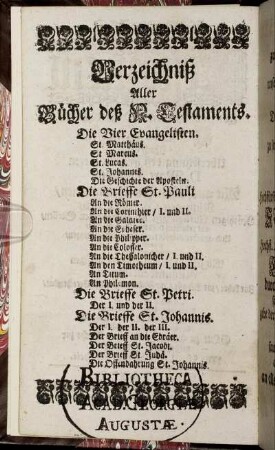 Verzeichniß Aller Bücher deß N. Testaments.