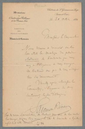 Nachlass von Heinrich Brunn (1822 - 1894) - BSB Brunniana, 3. Reinach, Salomon. Heinrich Brunn (1822-1894) Nachlass: Brief von Salomon Reinach an Heinrich von Brunn - BSB Brunniana 3. Reinach, Salomon