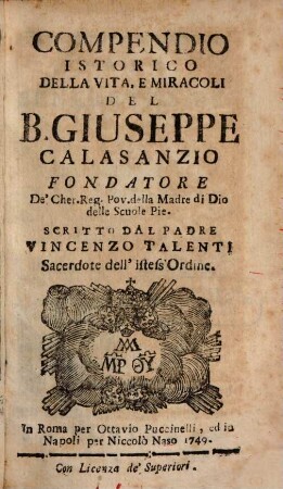 Compendio istorico della Vita del B. Giuseppe Calasanzio