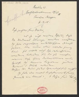 Brief an Ludwig Strecker  und B. Schott's Söhne : 07.04.1915