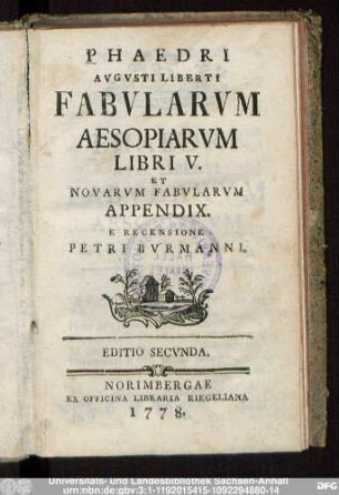 Phaedri Avgvsti Liberti Fabvlarvm Aesopiarvm Libri V. : Et Novarvm Fabvlarvm Appendix