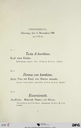 Versteigerung: Dienstag, den 15. November 1910 (Nr. 1-38)