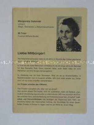 Propagandaschrift der Deutschen Friedens-Union zur Bundestagswahl 1965 mit der Vorstellung einer Kandidatin