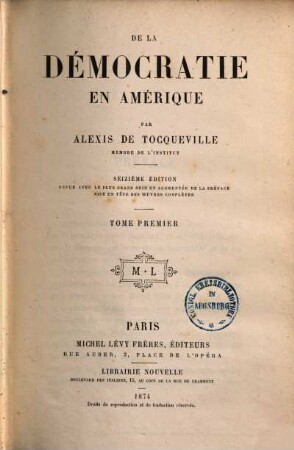 Oeuvres complètes d'Alexis de Tocqueville. 1 : De la démocratie en Amérique ; 1