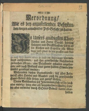 Verordnung/ Wie es bey anzustellenden Behtstunden/ wegen annahender Pest-Gefahr zuhalten