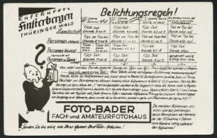 Handabzug mit Belichtungsregeln für Amateure, angefertigt von Foto-Bader im Luftkurort Finsterbergen im Thüringer Wald
