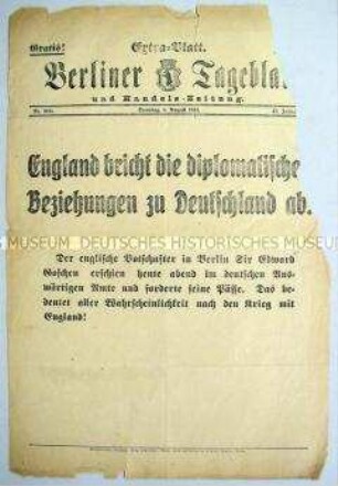 Extra-Blatt des "Berliner Tageblatt" zum Abbruch der diplomatischen Beziehungen zwischen Großbritannien und Deutschland