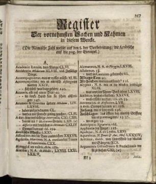 Register Der vornehmsten Sachen und Nahmen in diesem Wercke.