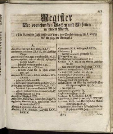 Register Der vornehmsten Sachen und Nahmen in diesem Wercke.