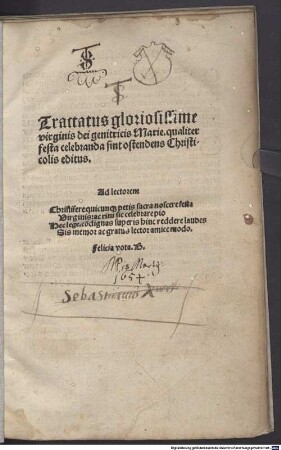 Tractatus gloriosissimae V. Mariae, qualiter festu celebranda sint, ostendens