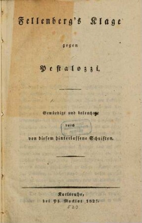 Fellenbergs Klage gegen Pestalozzi