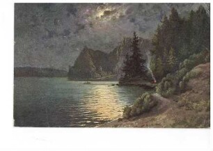 Lagerfeuer an einem See bei Nacht