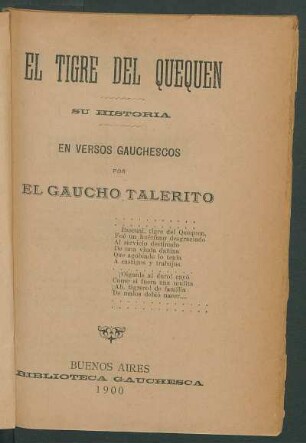 El tigre de Quequen : su historia en versos gauchescos