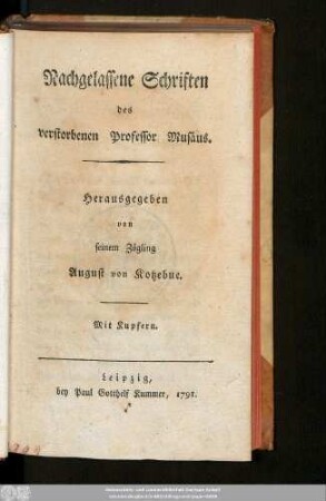 Nachgelassene Schriften des verstorbenen Professor Musäus