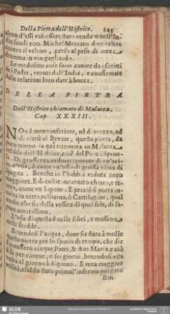 Cap. XXXIII. Della Pietra Dell'Histrice chiamato di Malacca