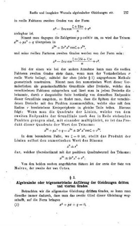 § 3. Algebraische oder trigonometrische Auflösung der Gleichungen dritten und vierten Grades.