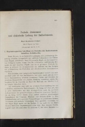 Periode, Atommasse und elektrische Ladung der Radioelemente.