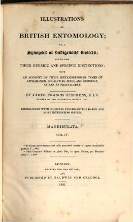 Illustrations of British entomology, or a synopsis of indigenous insects : containing their generic and specific distinctions ... ; embellished with coloured figures of the rarer and more interesting species, 2,4. Mandibulata; 4