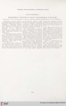 18: Wiadomości o pracach w pałacu wilanowskim w XIX wieku : (streszczenie referatu wygłoszonego na zebraniu naukowym Oddziału Warszawskiego w dniu 18.X.1955 r.)