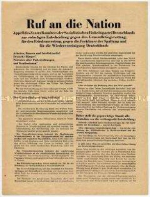 Flugblatt des ZK der SED gegen Generalvertrag, für Friedensvertrag und Einheit Deutschlands