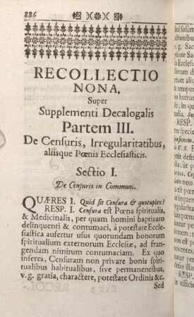Recollectio Nona. Super Supplementi Decalogalis Partem III. De Censuris, Irregularitatibus, aliisque Poenis Ecclesiasticis.