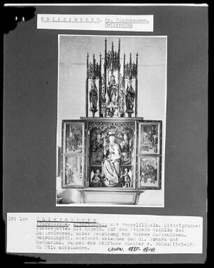 Altarschrein mit Doppelflügeln, Mittelgruppe: Muttergottes mit Engeln, auf den Flügeln Gemälde des Marienlebens unter Benutzung von Dürers Marienleben, Bekrönung: Hl. Adalbert zwischen Hl. Barbara und Hl. Katharina