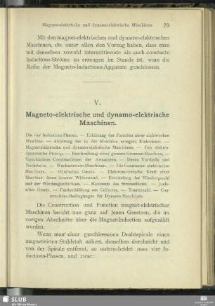 V. Magneto-elektrische und dynamo-elektrische Maschinen