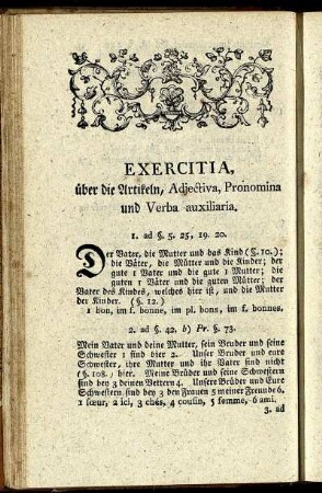 Exercitia, über die Artikeln, Adjectiva, Pronomia und Verba auxiliaria.