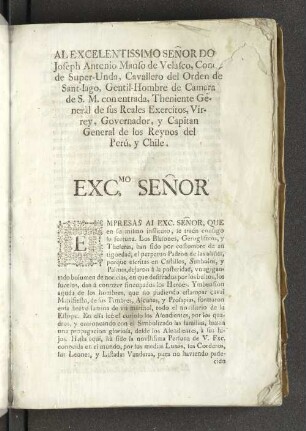 Al Excelentissimo Senor Do Joseph Antenio Manso de Velasco,...