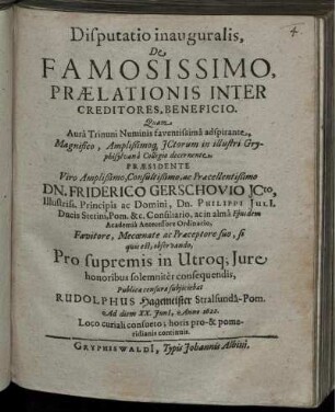 Disputatio inauguralis, De Famosissimo, Praelationis Inter Creditores, Beneficio
