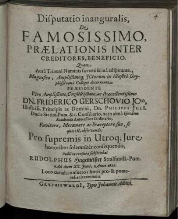 Disputatio inauguralis, De Famosissimo, Praelationis Inter Creditores, Beneficio