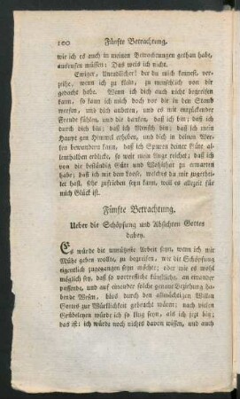 Fünfte Betrachtung. Ueber die Schöpfung und Absichten Gottes dabey