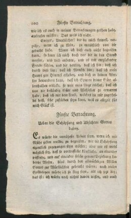 Fünfte Betrachtung. Ueber die Schöpfung und Absichten Gottes dabey