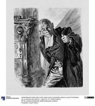 Adam zieht, rechts neben einem Kachelofen stehend, seinen Richtertalar an, zu Heinrich von Kleist "Der Zerbrochene Krug"