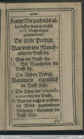 Kurtze Verzeichnüs alles dessen was in diesen XIV. Bußpredigten gehandelt wird