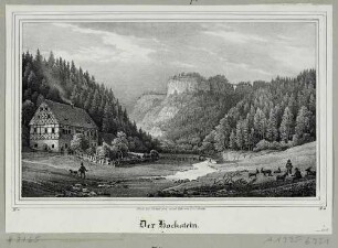 Die Hohnsteiner Mühle im Polenztal vor dem Hockstein mit hölzerner Teufelsbrücke (bis 1843) bei Hohnstein in der Sächsischen Schweiz, aus der Zeitschrift Saxonia 1837