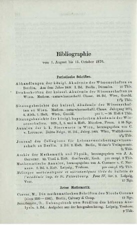 Bibliographie vom 1. August bis 15. October 1870.