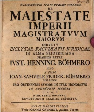 Diss. iuris publ. sol. de maiestate imperii magistratuum maiorum