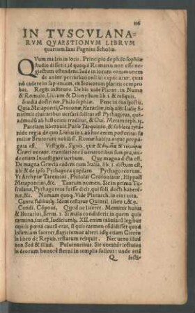 In Tusculanarum Quaestionum Librum quartum Iani Pagnini Scholia.