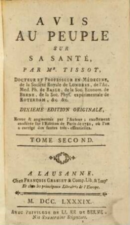 Avis Au Peuple Sur Sa Santé, 2. Tome ..., Contenant L'Avis Au Peuple Sur Sa Santé