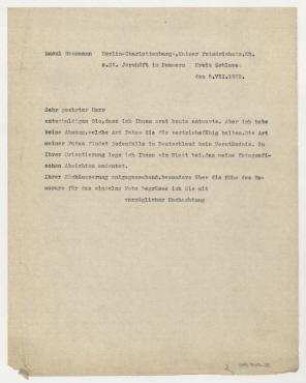 Brief von Raoul Hausmann [Vermutlich Bilderdienst] Schröder. Jershöft